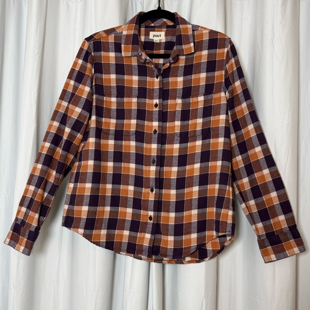 PACT Mila Flannel Shirt Medium Orange Purple Plaid Organic Cotton Button Up